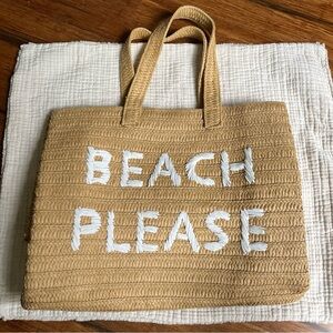 BTB Los Angeles | Embroidered Straw Woven “Beach Please Tote